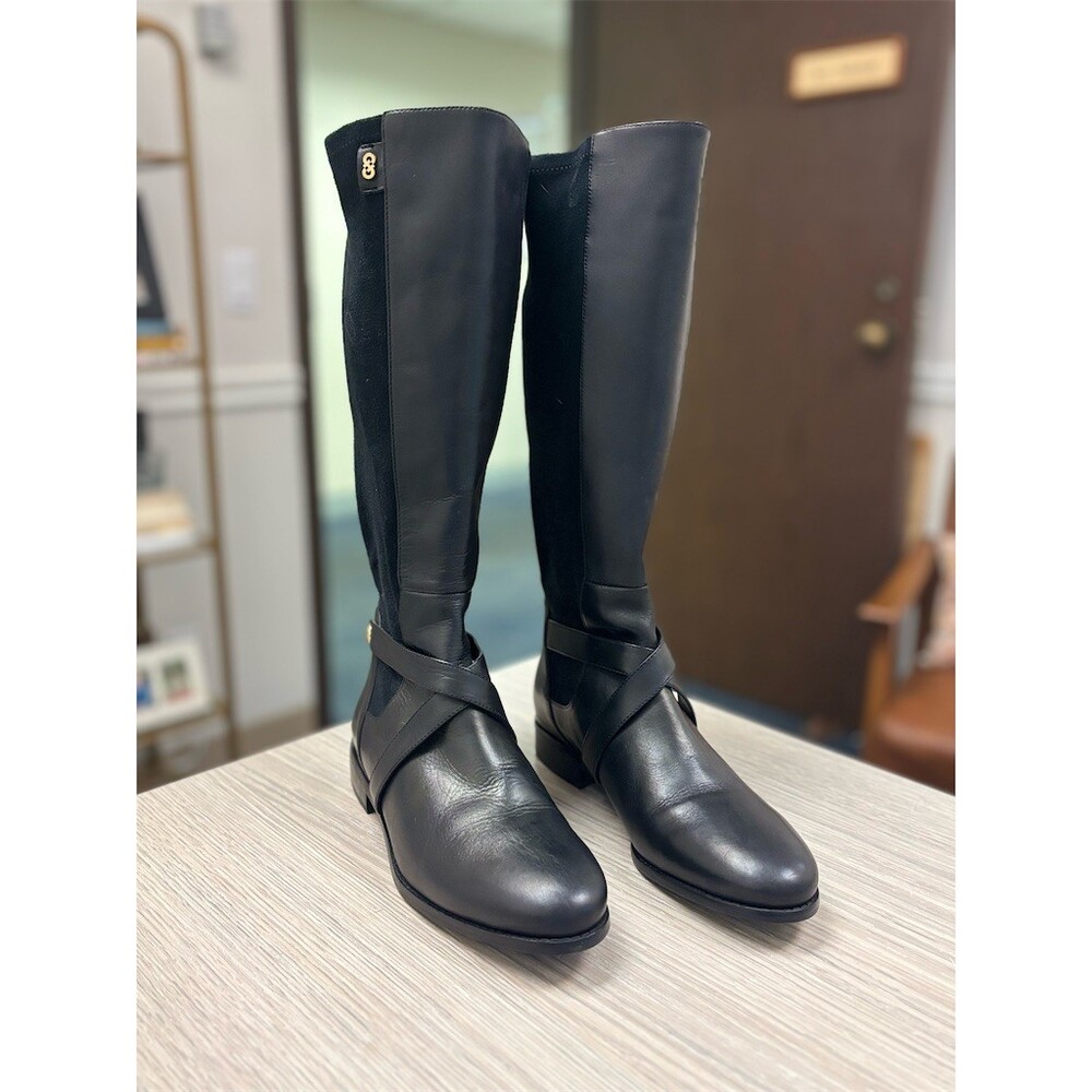 Cole Haan Womens Riding Boots Black Knee High Back Zip Gold Logo Detail 8.5